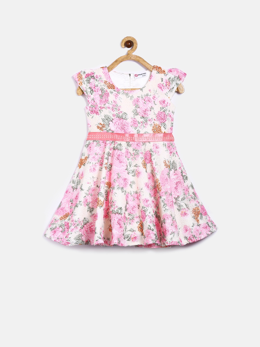 

Peppermint Girls Off-White & Pink Self-Design Fit & Flare Dress