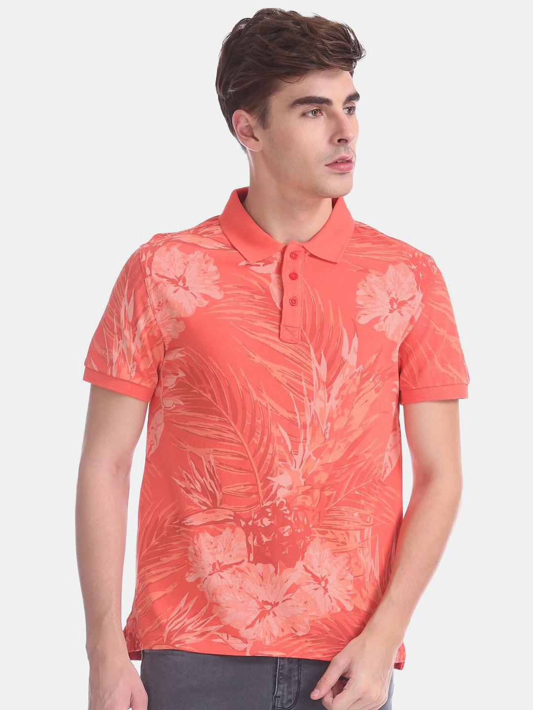 

Ed Hardy Men Orange Printed Polo Collar Slim Fit T-shirt
