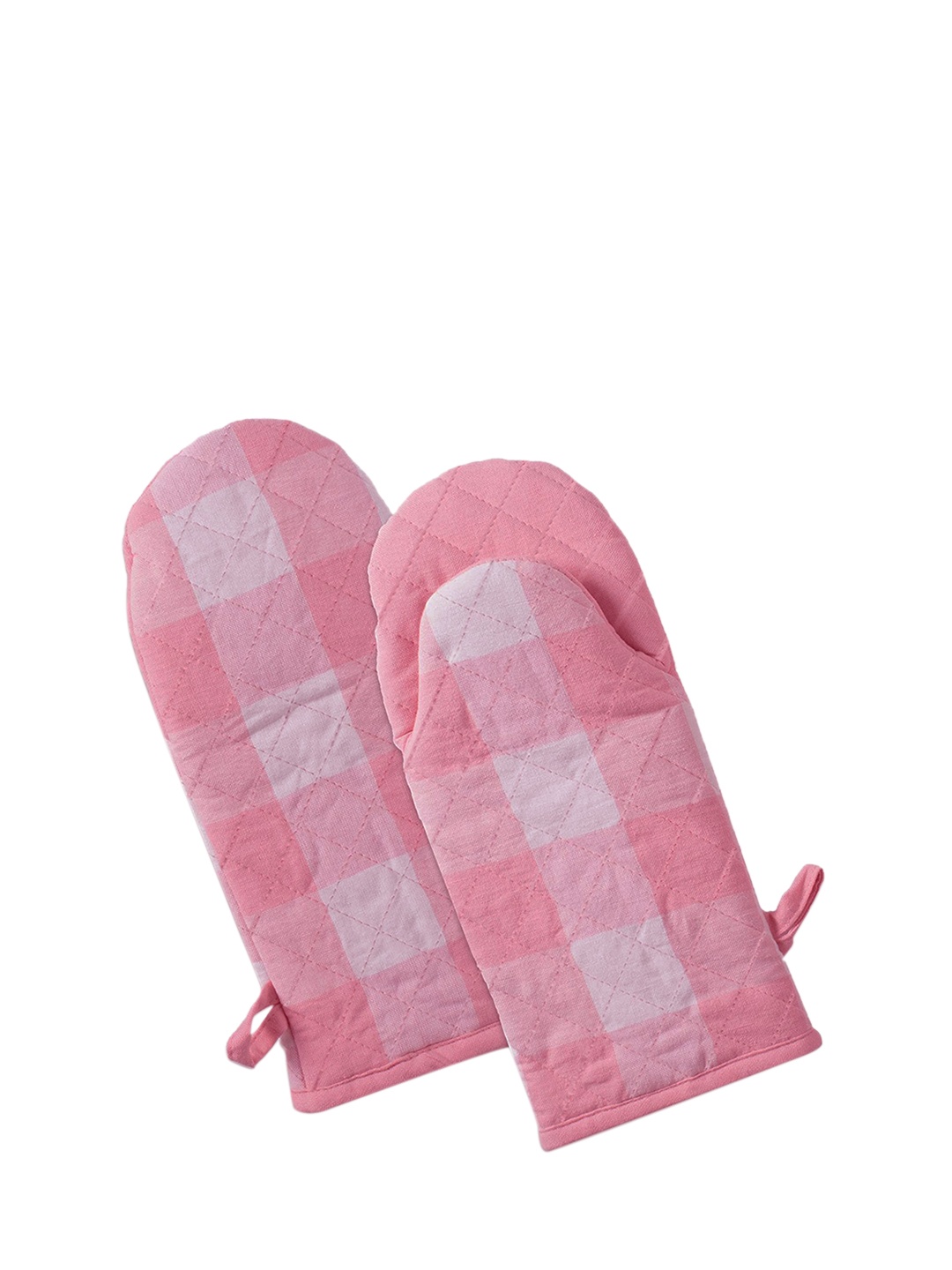 

Lushomes Women Set Of 2 Pink & White Checked Cotton Kitchen Gloves