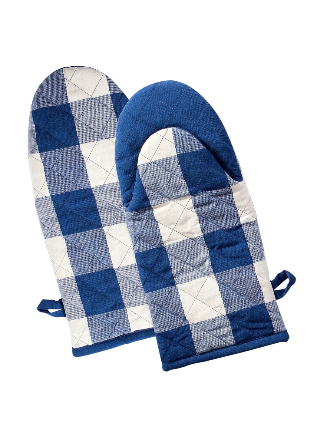 

Lushomes Women Set Of 2 Blue & White Checked Cotton Kitchen Gloves