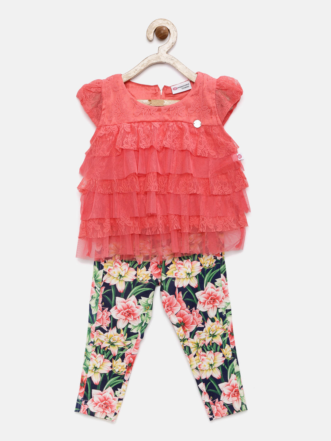 

Peppermint Girls Coral Pink & Navy Lace & Printed Clothing Set