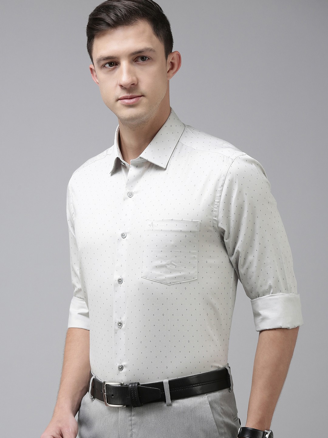 

Arrow Men Grey & Navy Blue Slim Fit Printed Pure Cotton Formal Shirt
