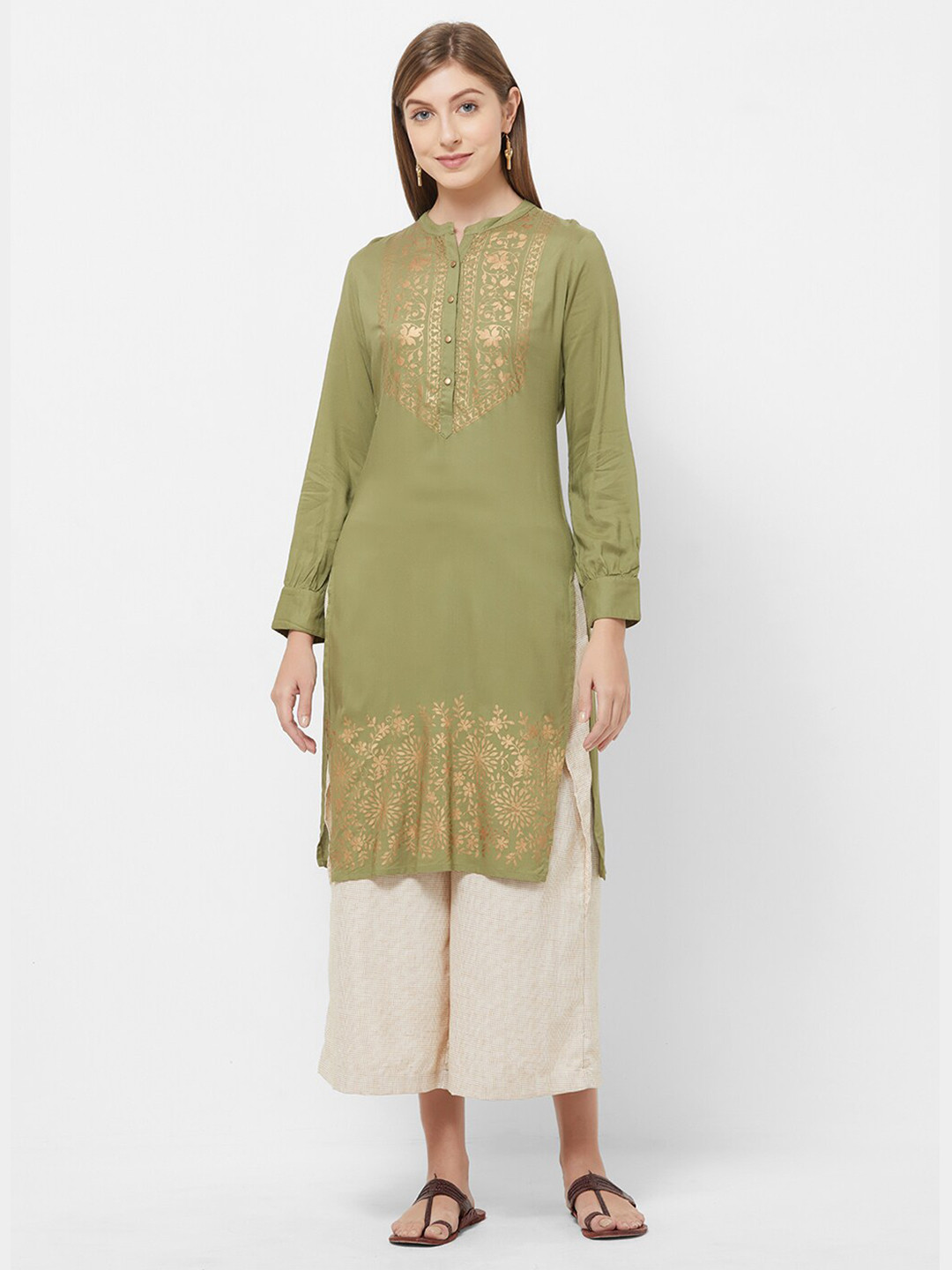 

Fusion Beats Green & Gold-Toned Ethnic Motifs Printed Kurti