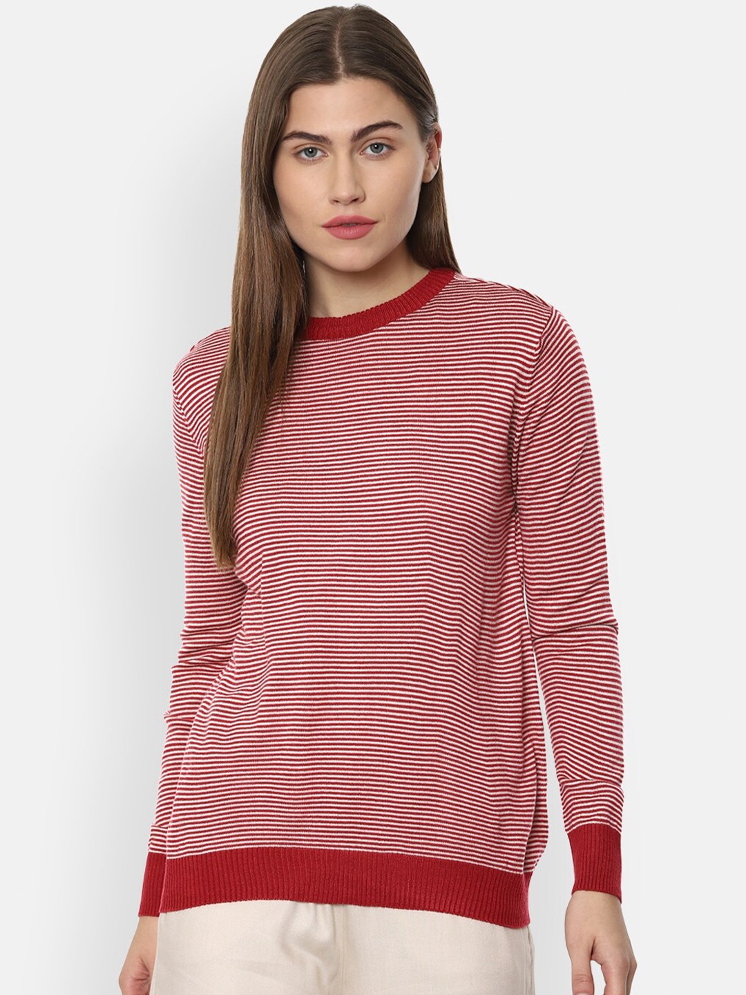 

Van Heusen Woman Women Maroon & White Striped Pullover