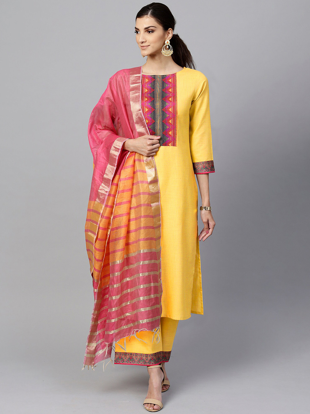 

Indo Era Women Yellow & Pink Yoke Design Kurta with Palazzos & Dupatta