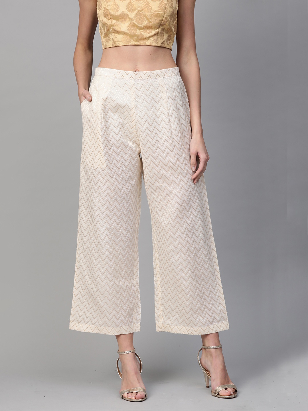 

Indo Era Women Cream-Coloured Cropped Ethnic Palazzos