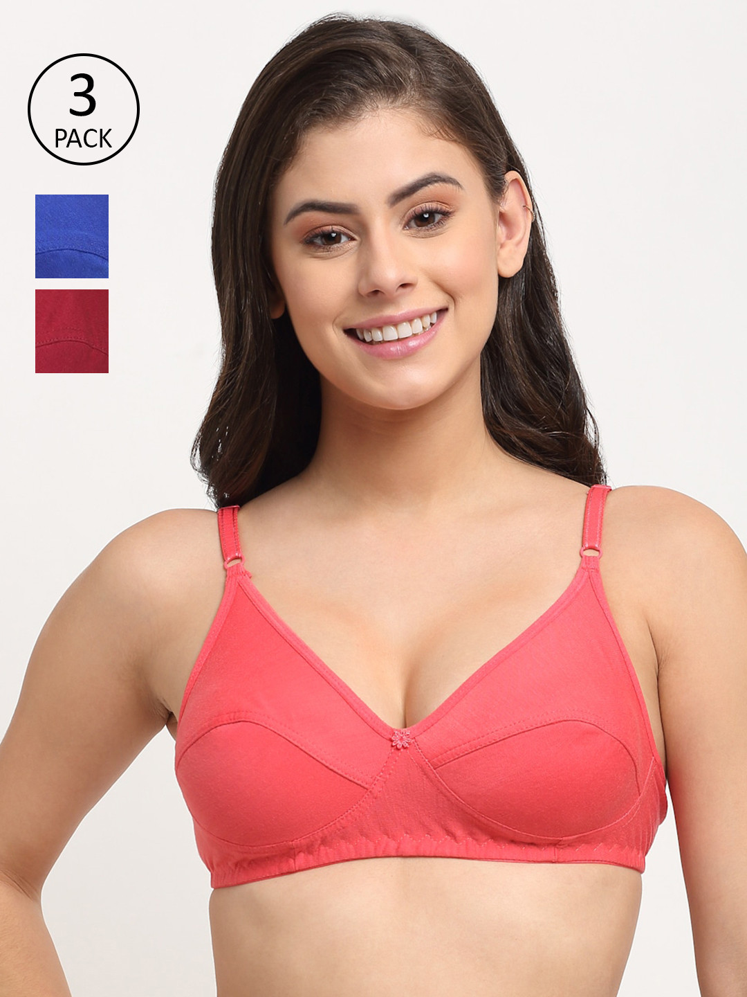 

Friskers Pack Of 3 Blue & Maroon Non-Padded Cotton Bra O-314-05-314-08-314-14-30