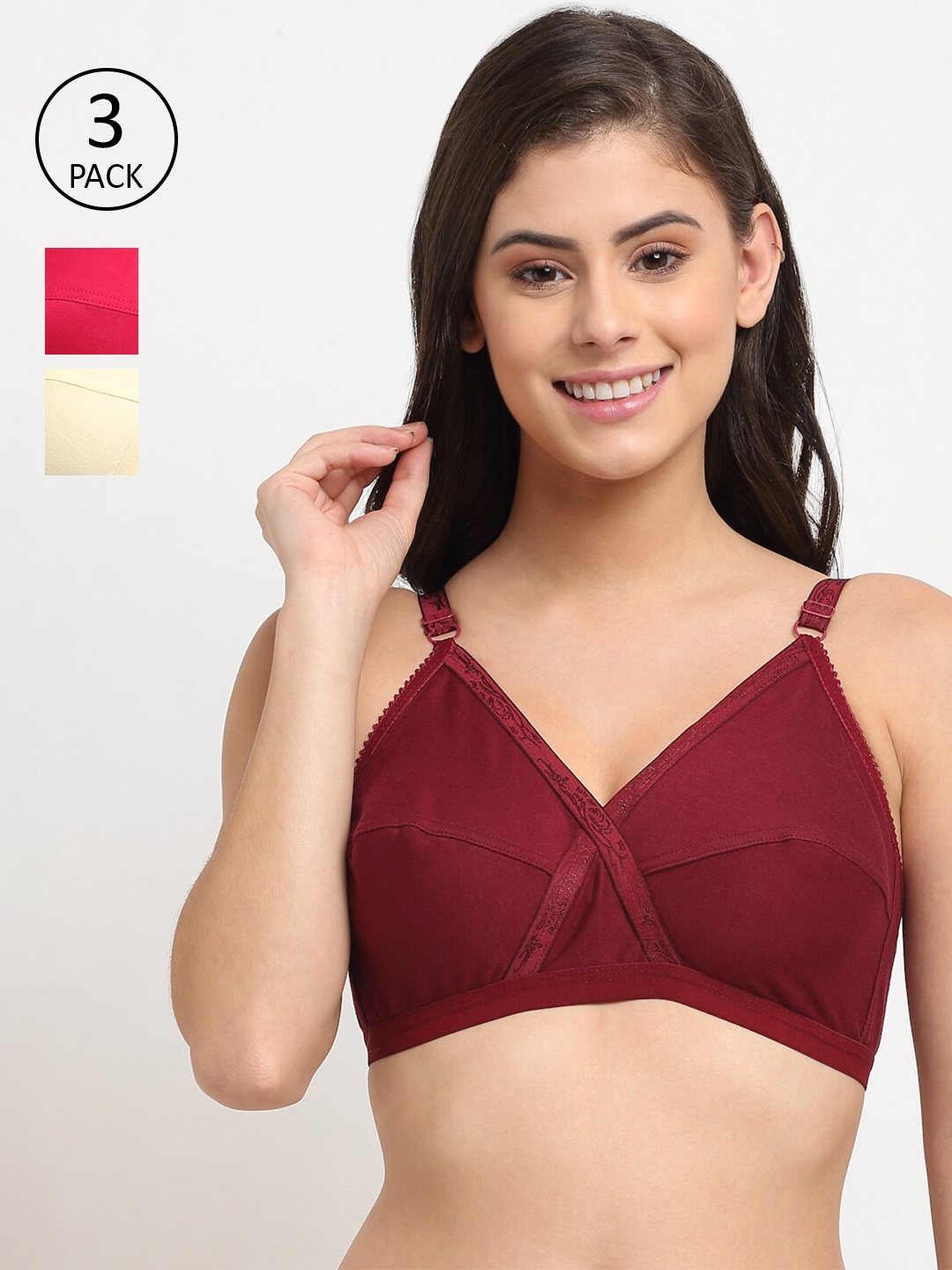 

Friskers Women Pack of 3 Non Padded Cotton Bra, Beige
