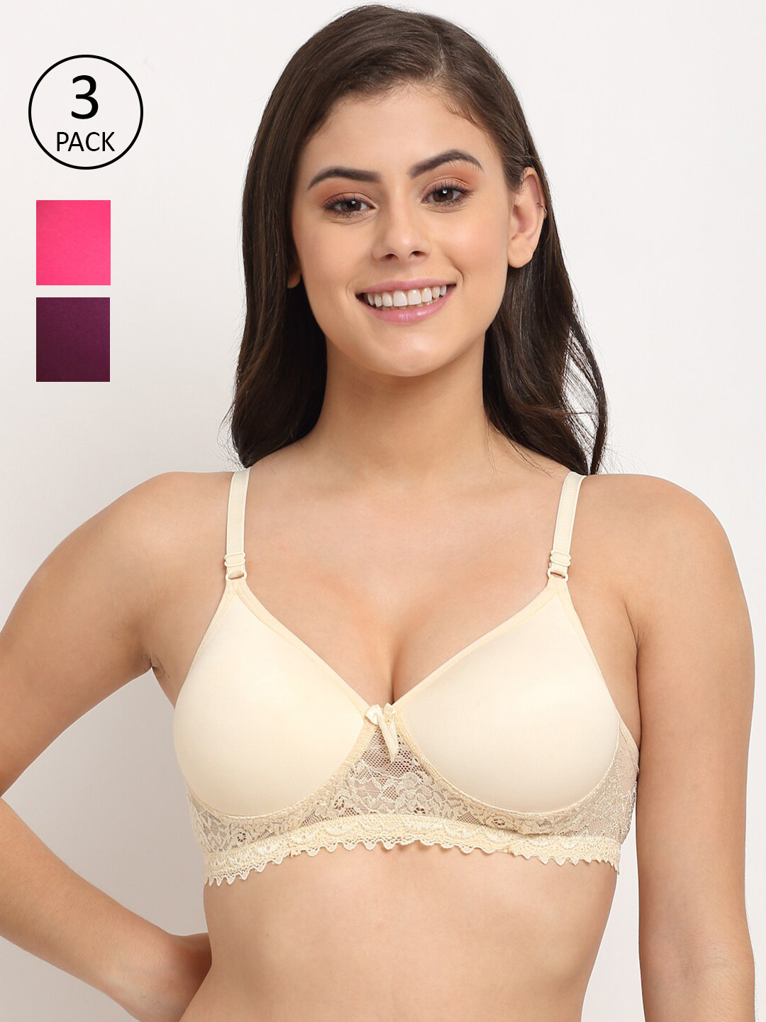 

Friskers Women Pack Of 3 Lightly Padded Push-Up Bra, Pink