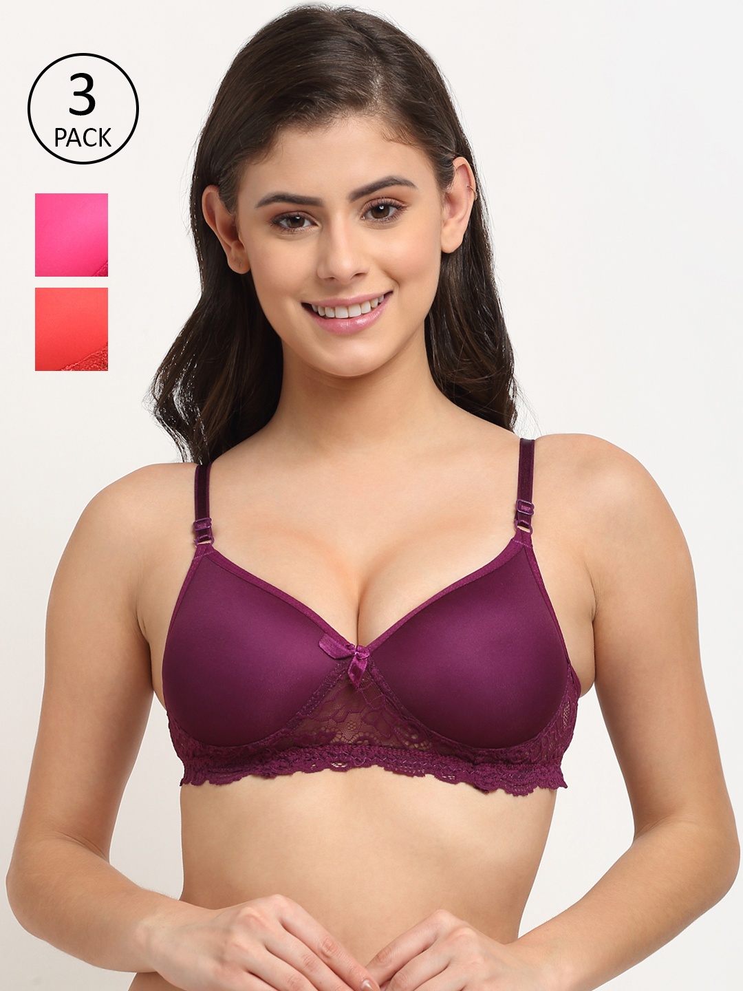 

Friskers Pack of 3 Red & Purple Solid Non Wired Medium Coverage Cotton T-shirt Bra