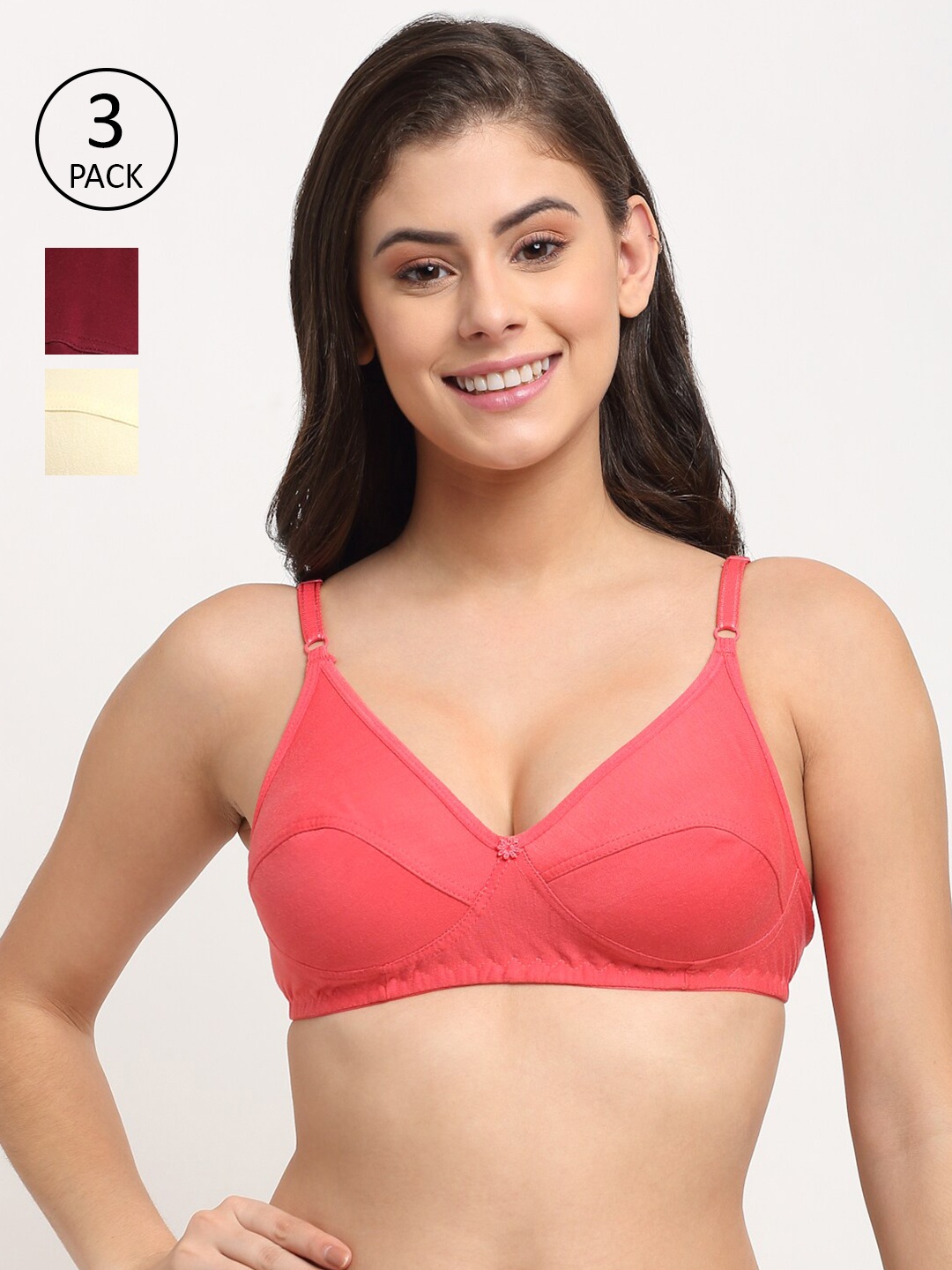 

Friskers Pack of 3 Cream-Coloured & Maroon Non padded Premium Cotton Bra