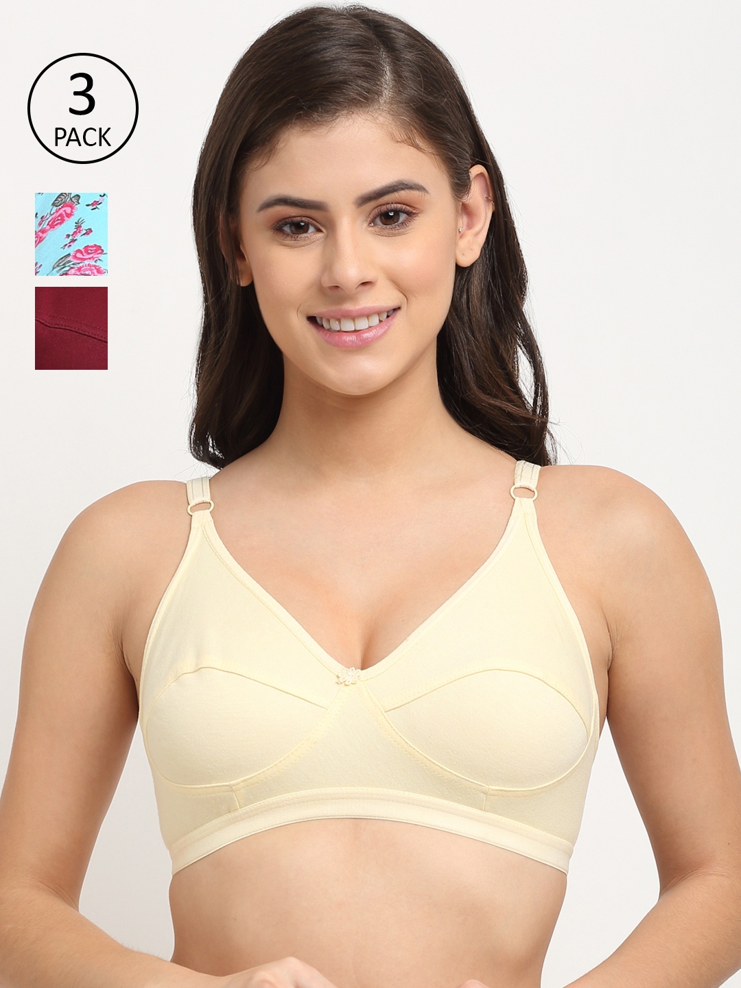 

Friskers Woman Pack of 3 Maroon & Beige Non padded Premium Cotton Bra