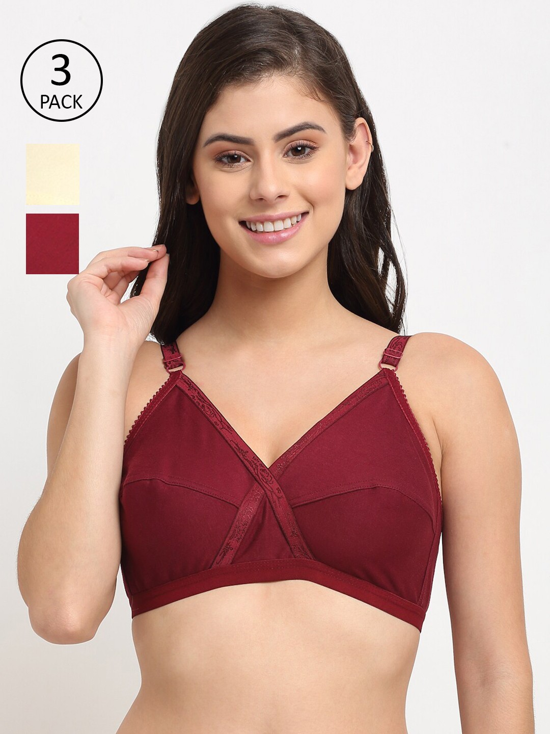 

Friskers Beige & Maroon Pack Of 3 Cotton Bra