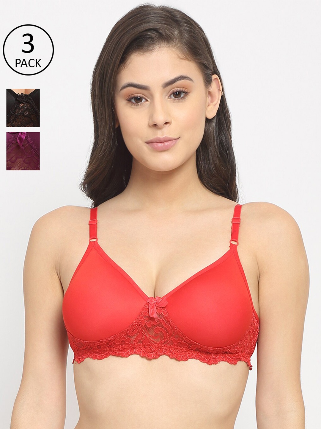 

Friskers Black & Purple Pack of 3 Bras Lightly Padded