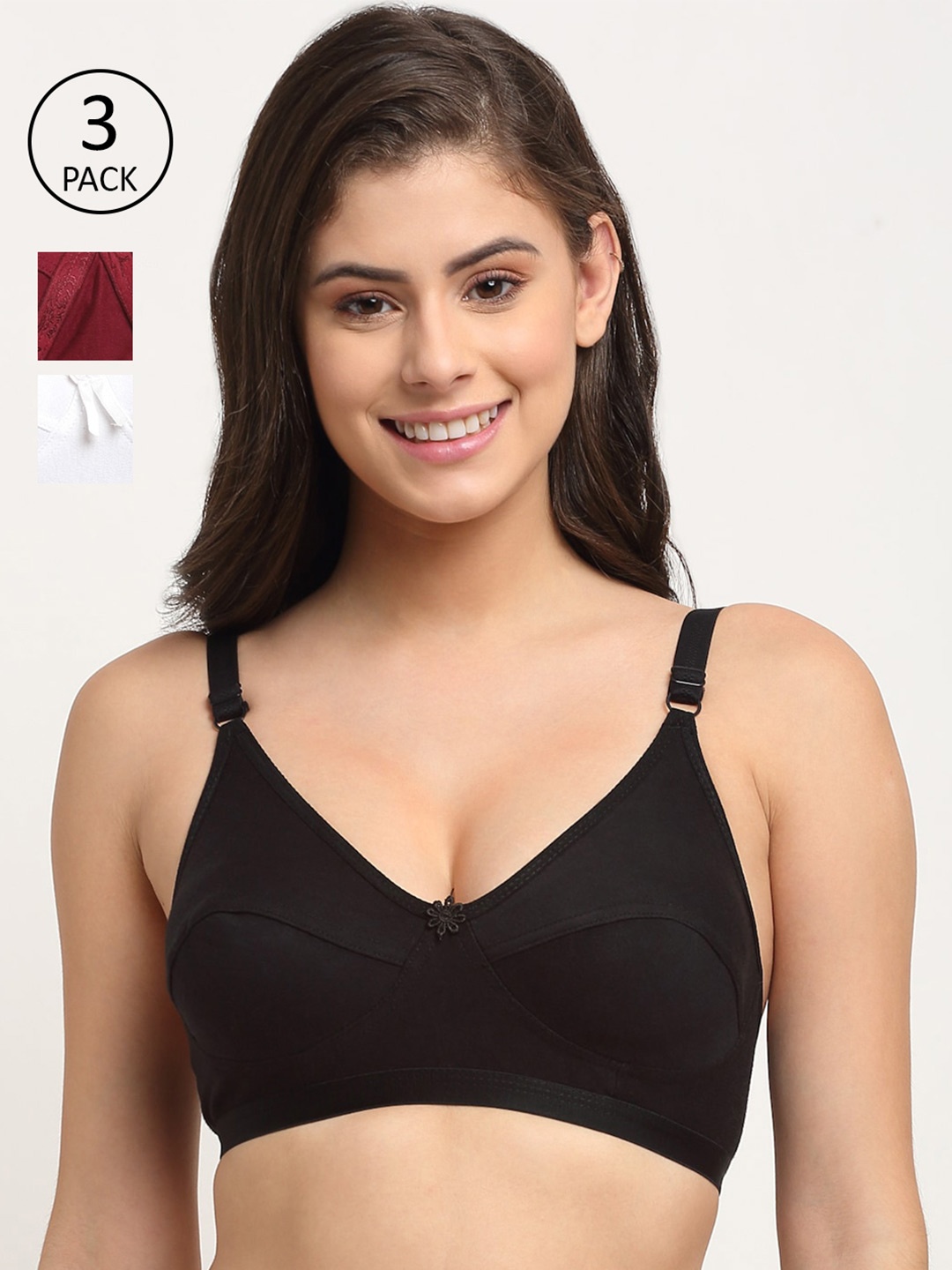 

Friskers Pack of 3 Maroon & Black Non padded Premium Cotton Bra