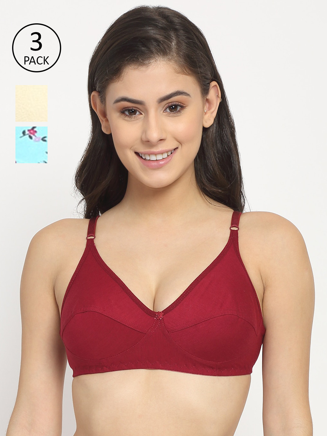 

Friskers Pack of 3 Beige & Blue Solid Non Wired Medium Coverage Cotton T-shirt Bra