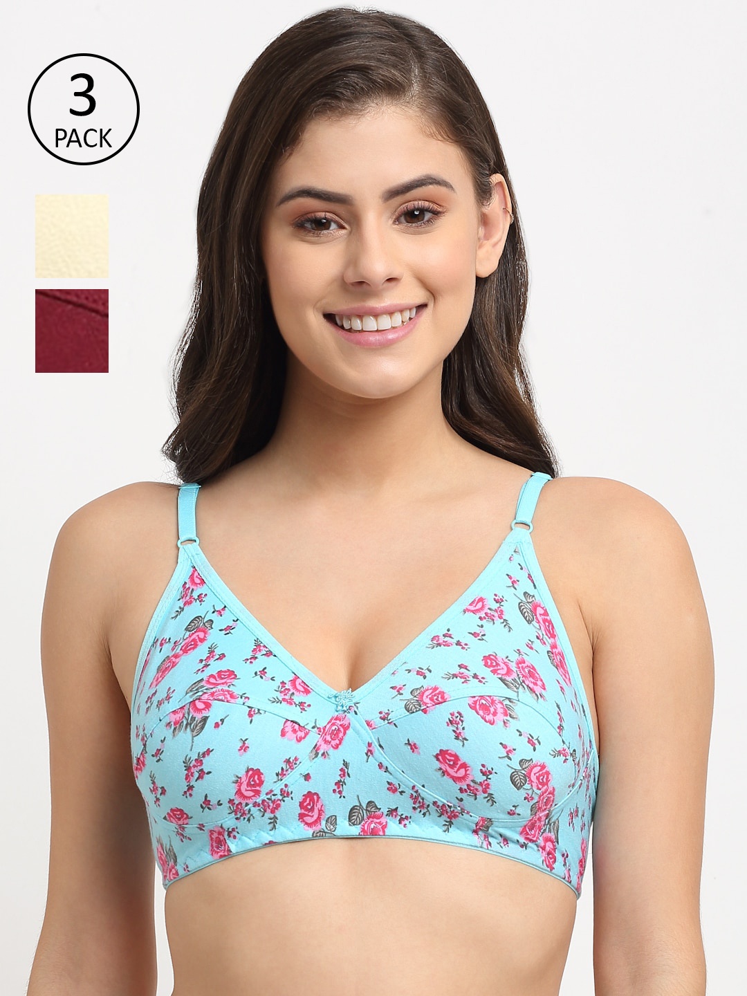 

Friskers Beige & Maroon Pack Of 3 Cotton Bra