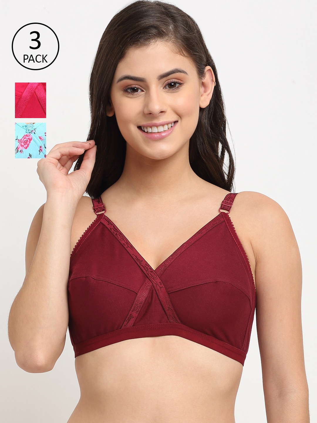 

Friskers Maroon & Coral Pack of 3 Bras