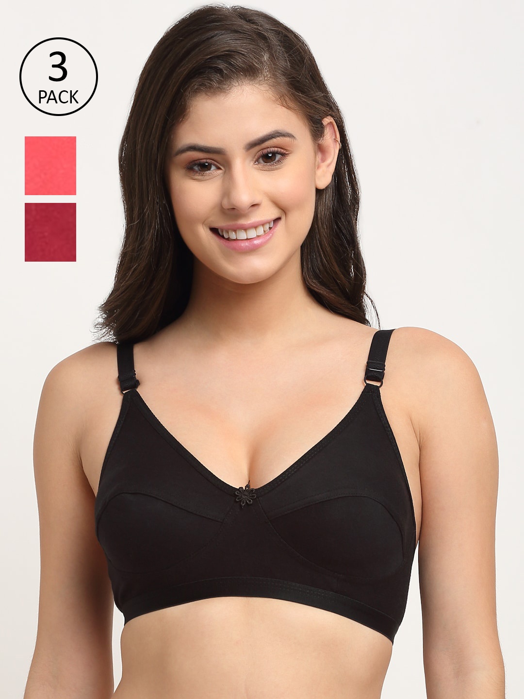 

Friskers Peach-Coloured & Maroon Pack Of 3 Cotton Bra