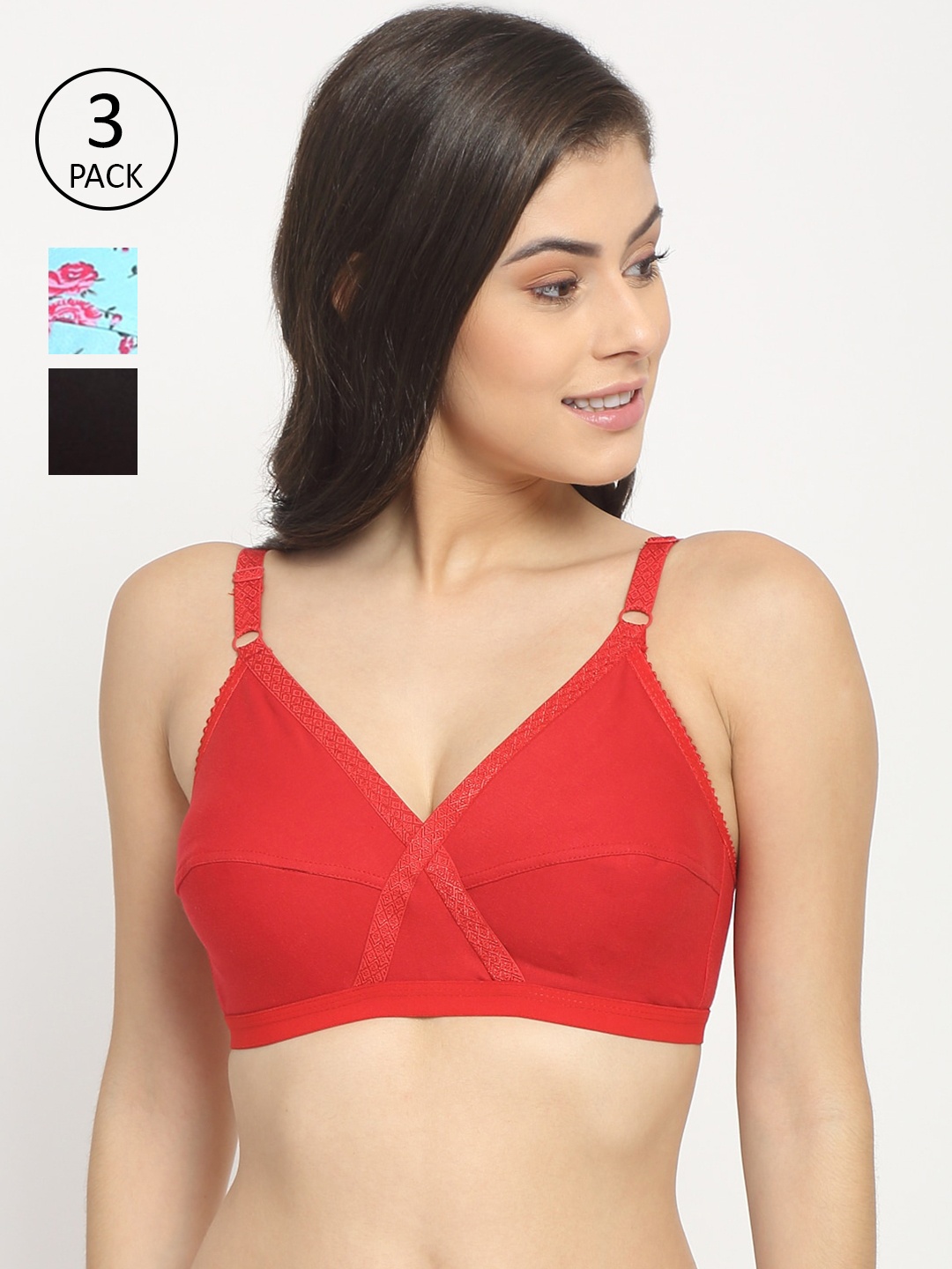 

Friskers Pack Of 3 Cotton Bra, Red