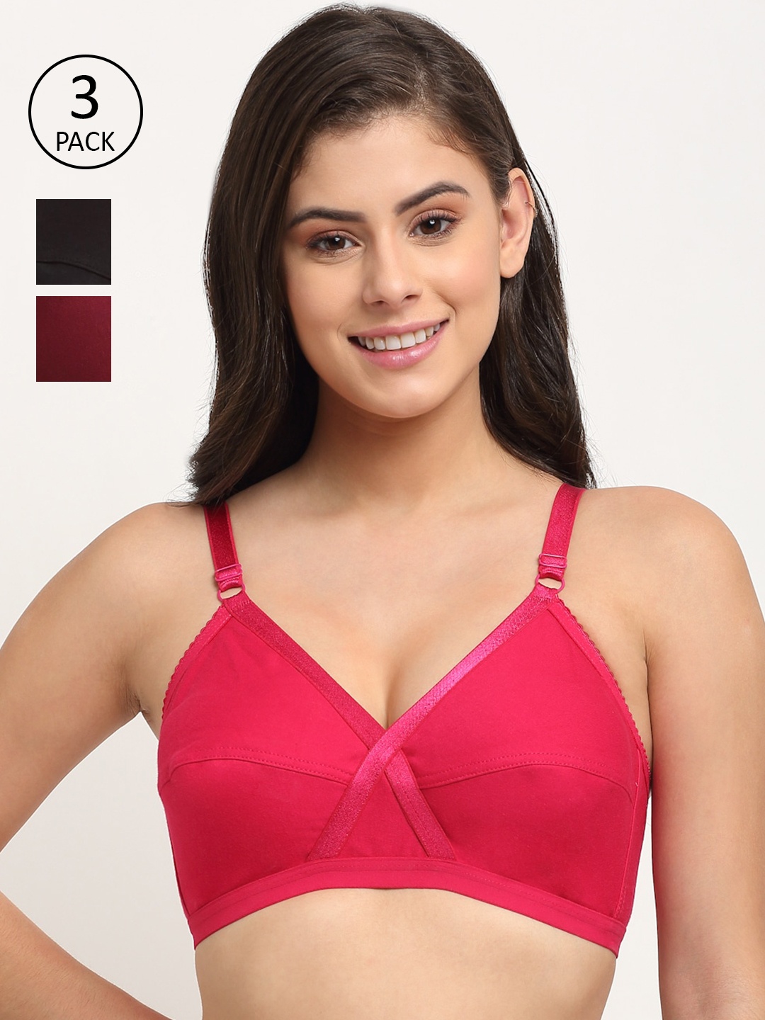 

Friskers Pack of 3 Maroon & Magenta Non padded Premium Cotton Bra
