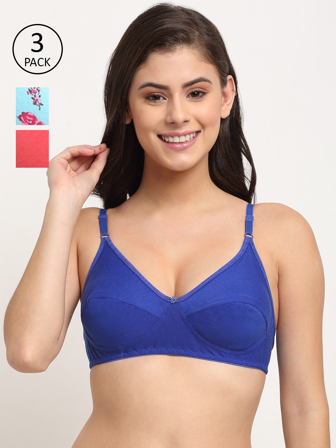 

Friskers Pack of 3 Non Padded Cotton Bra, Blue