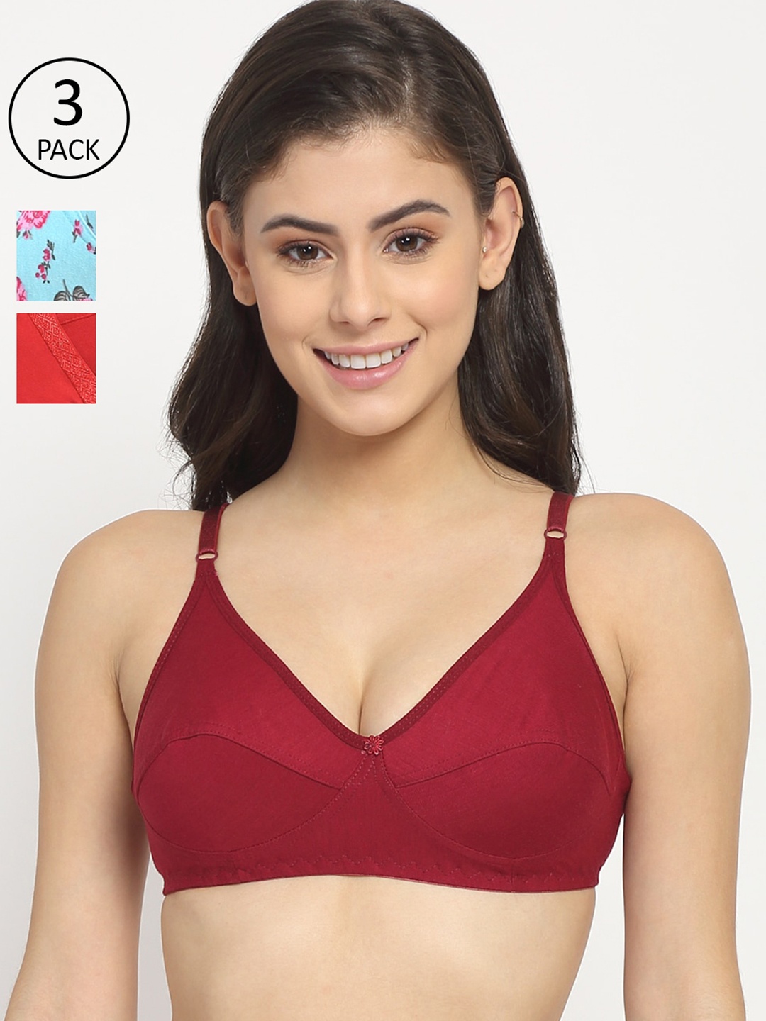 

Friskers Pack Of 3 Cotton Bra, Red