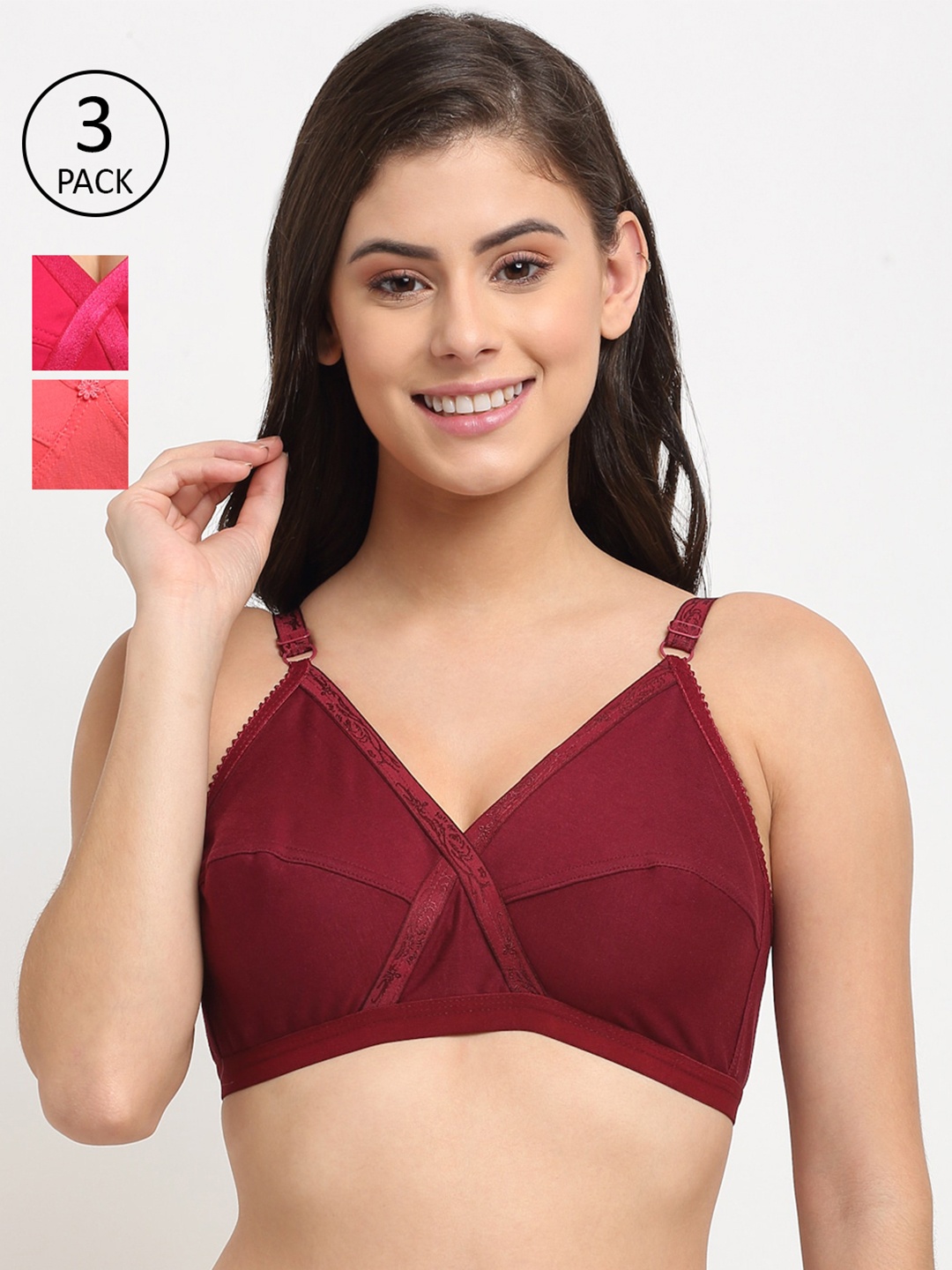 

Friskers Pack of 3 Maroon & Coral Non padded Premium Cotton Bra