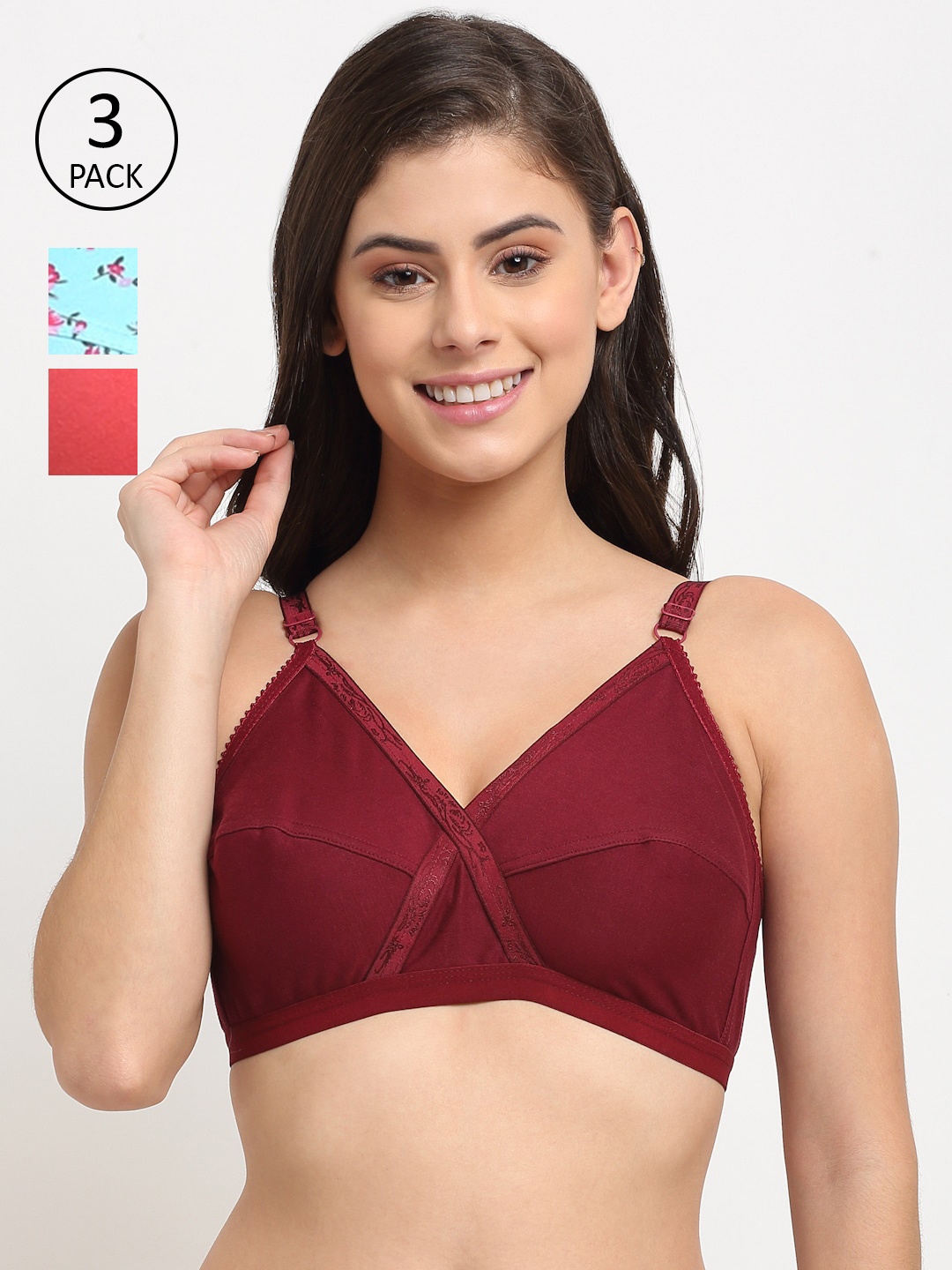 

Friskers Pack Of 3 Cotton Balconette Bras, Maroon