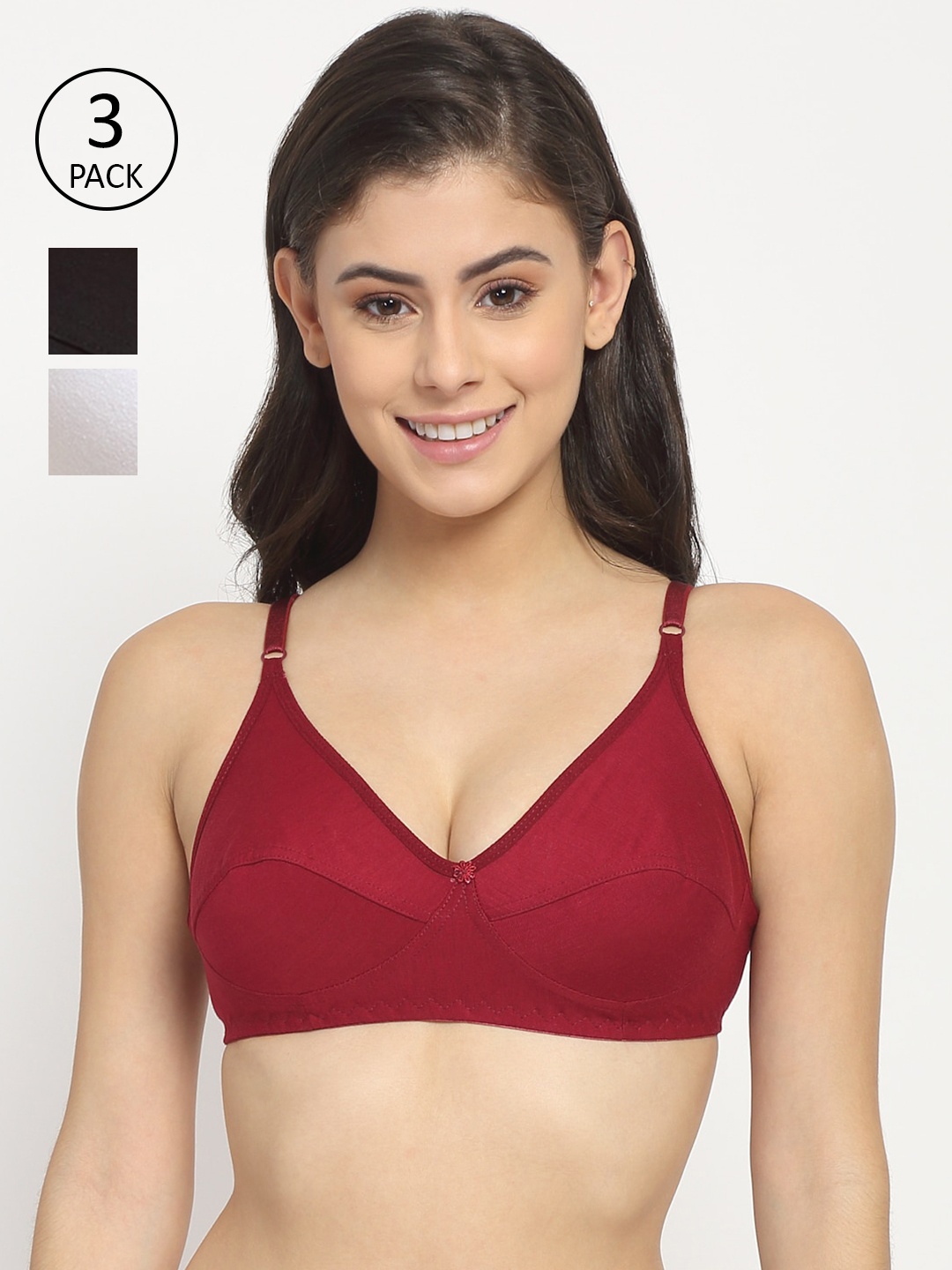 

Friskers Woman Pack of 3 Maroon & Black Non padded Premium Cotton Bra