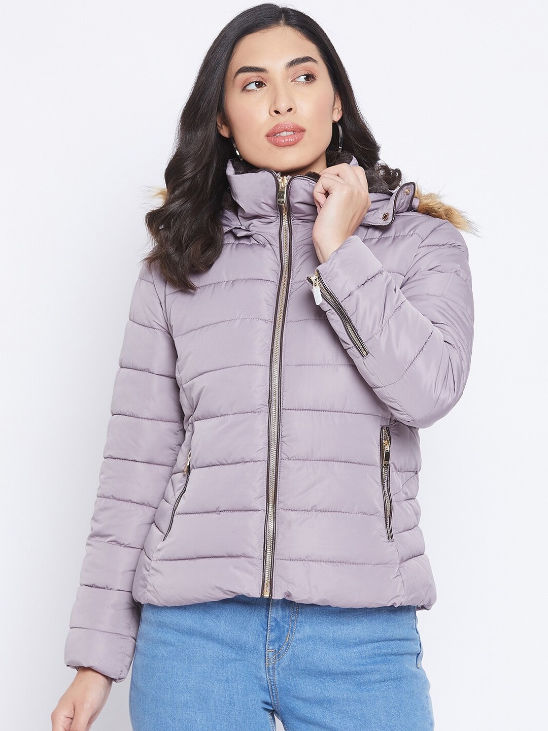 

Madame Women Mauve Solid Lightweight Padded Jacket