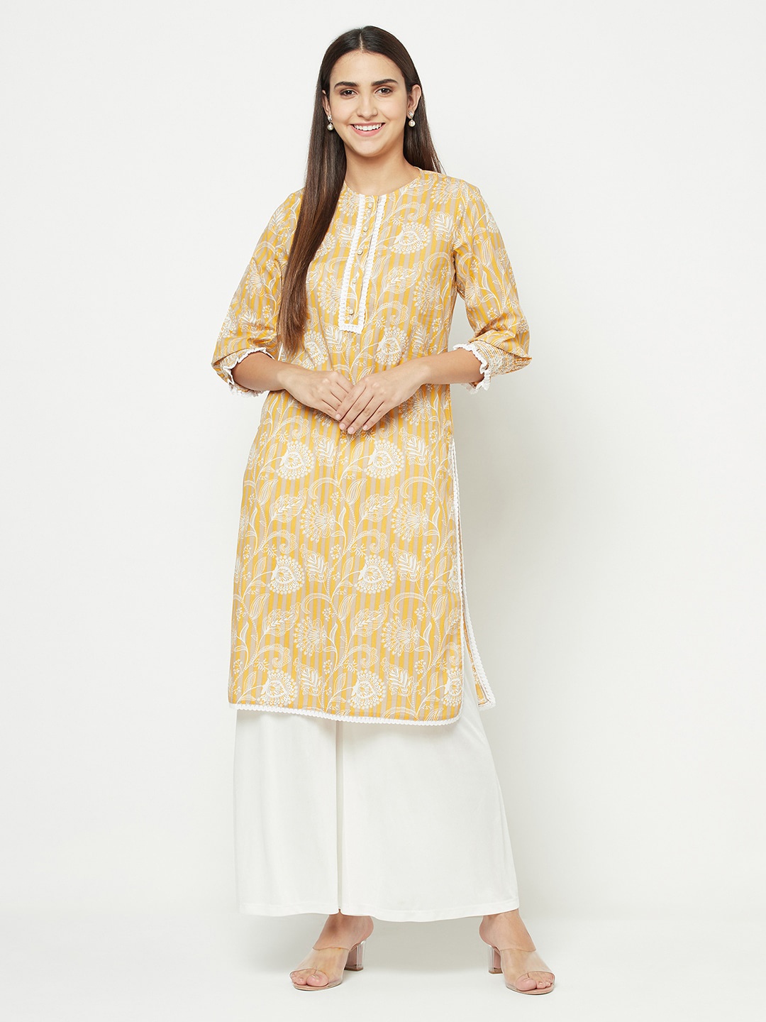 

BLANC9 Women Beige & White Ethnic Motifs Printed Kurta with Smocked details
