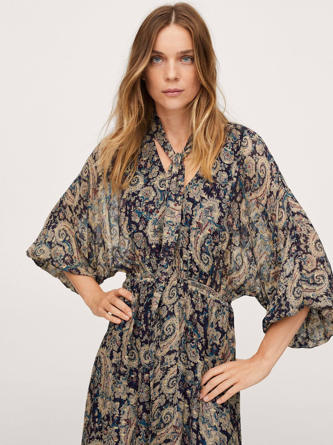

MANGO Beige & Black Printed Tie-Up Neck Maxi Dress