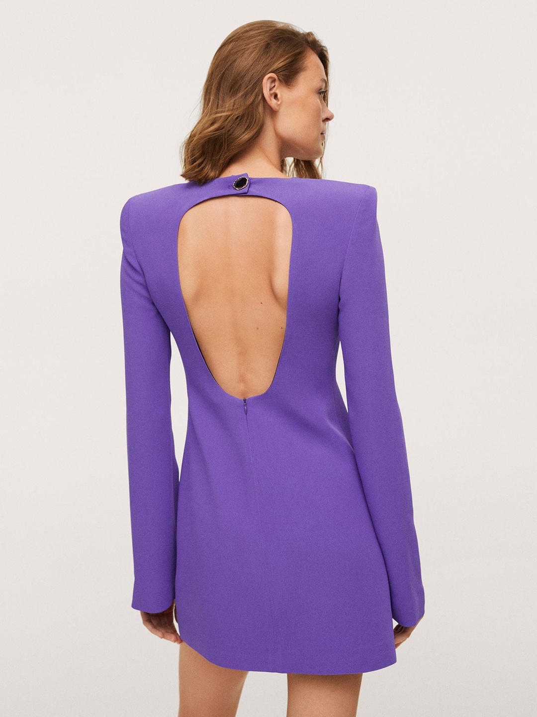 

MANGO Purple Solid Back Cut-Out Mini Sheath Dress