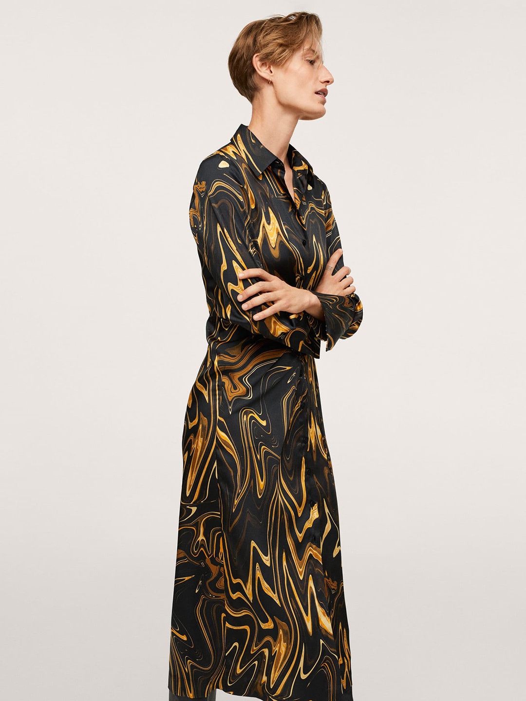 

MANGO Women Black & Golden Abstract Printed Shirt Style Midi Dress