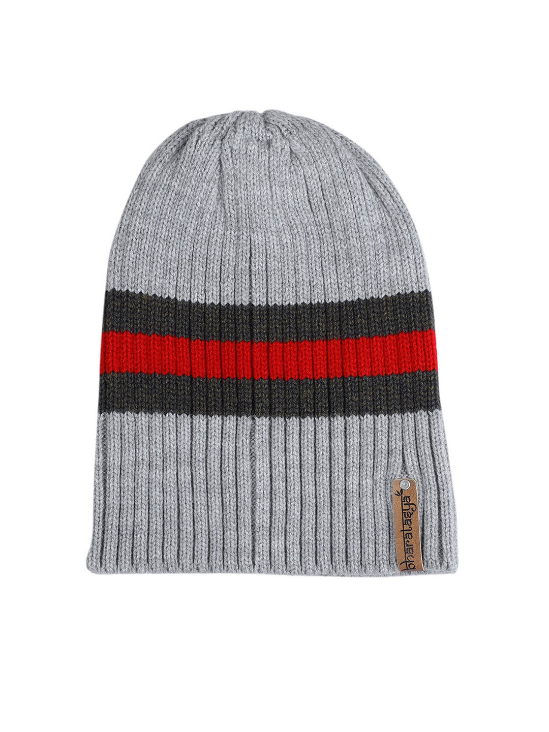 

Bharatasya Men Grey & Red Striped Texture Beanie