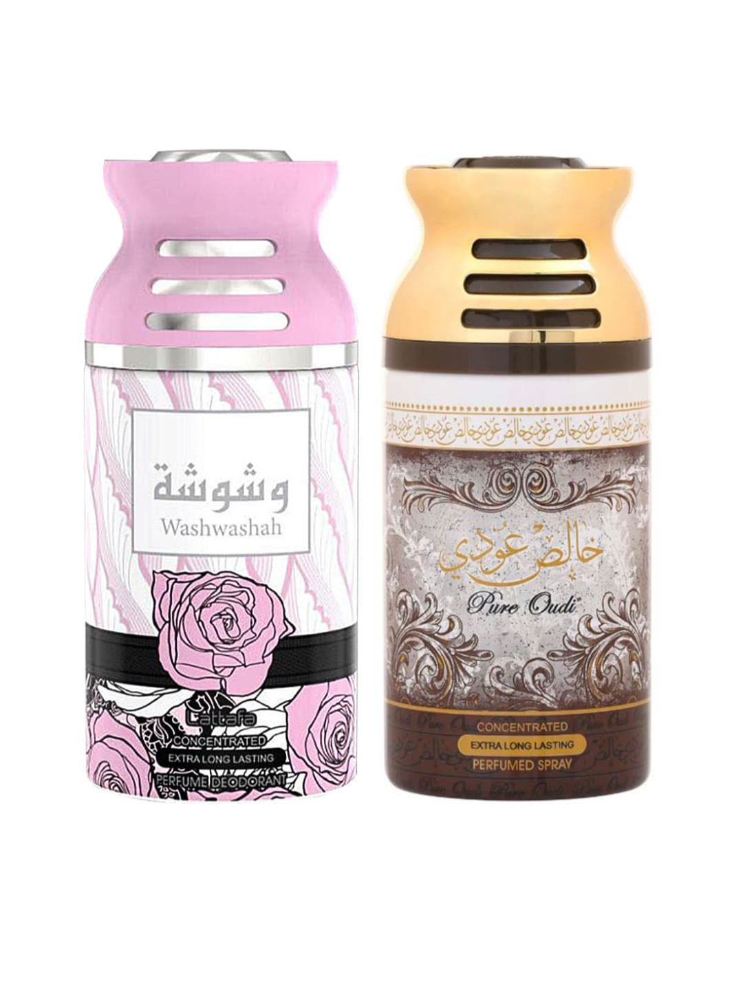

Lattafa Pack of 2 Washwashah & Pure Oudi Perfumed Deodorant Body Spray, Pink
