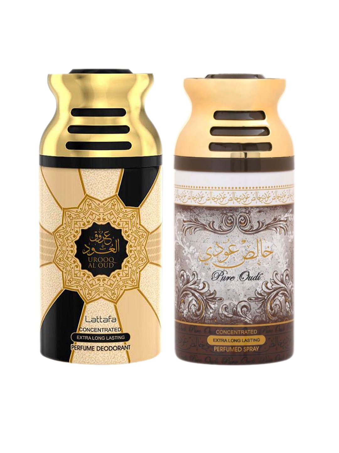 

Lattafa Set of 2 Urooq Al Oud & Pure Oudi Perfumed Deodorants, Gold