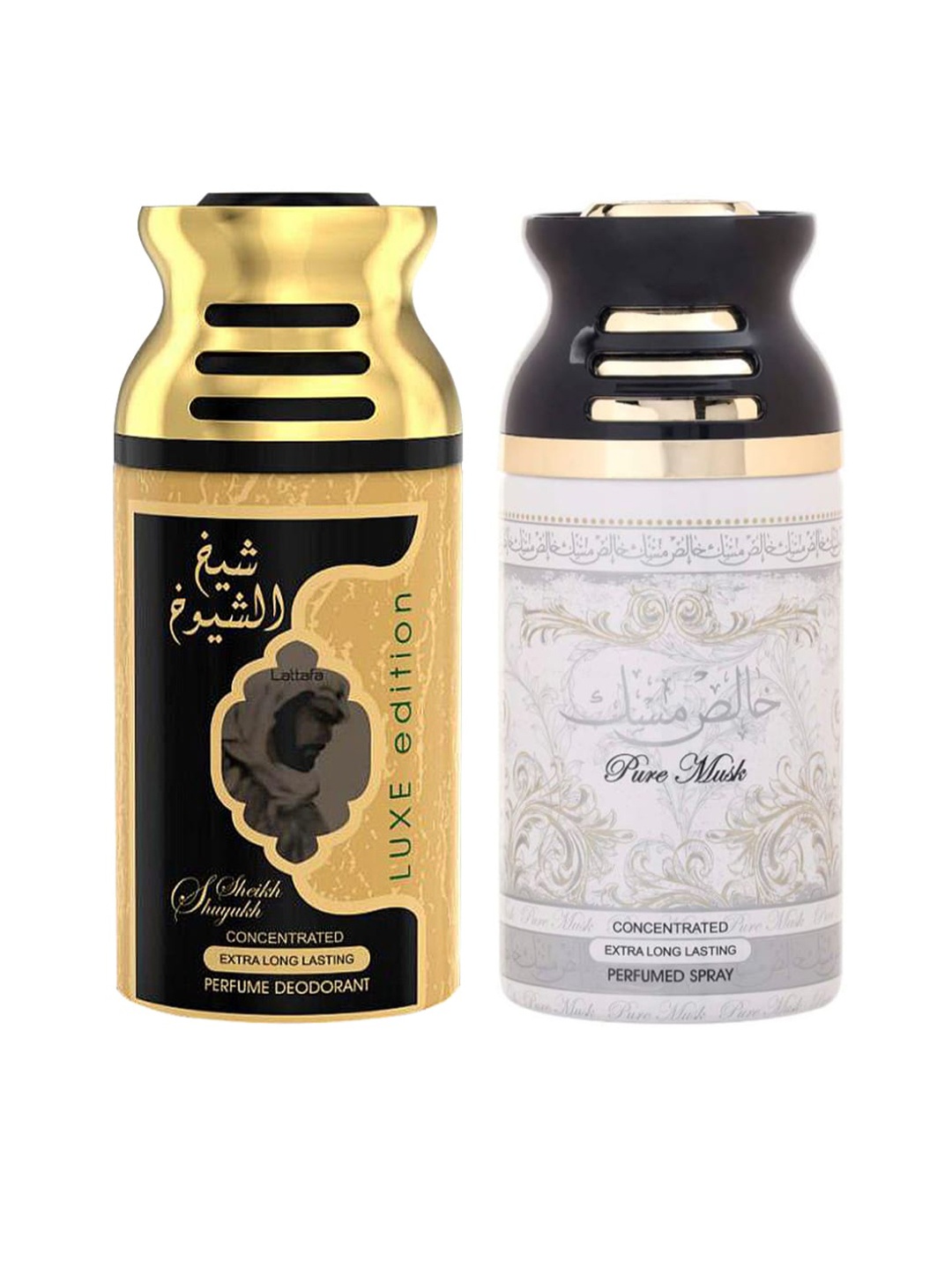 

Lattafa Set of 2 Sheik Al Suyukh Luxe Edition & Pure Musk Perfumed Deodorants, Gold