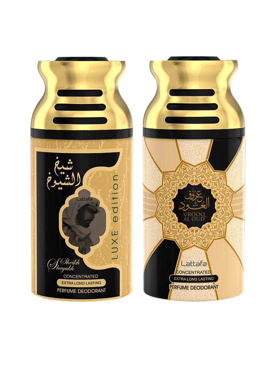 

Lattafa 2Pcs Sheik Al Suyukh Luxe Edition & Urooq Al Oudh Perfumed Deodorant Body Spray, Gold