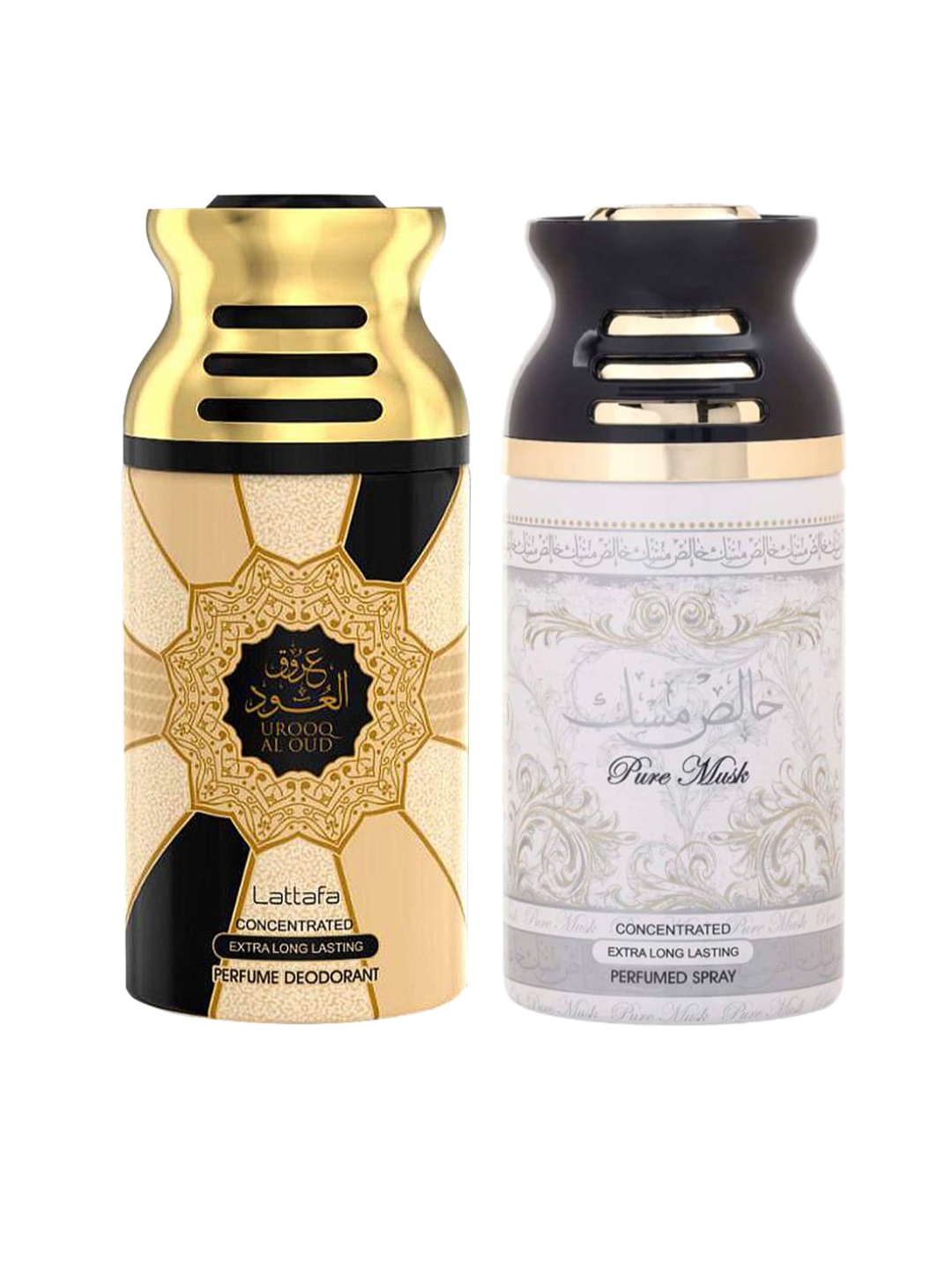 

Lattafa Unisex Urooq Al Oud & Pure Musk Perfumed Deodorant BodySpray, 250ml Pack Of 2, Gold