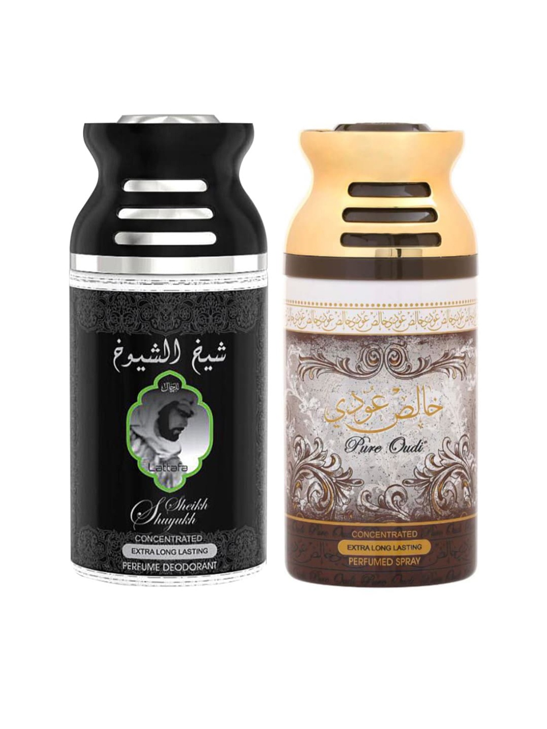 

Lattafa Pack Of 2 Sheik Al Suyukh & Pure Oudi Perfumed Deodorant Body Spray, Black