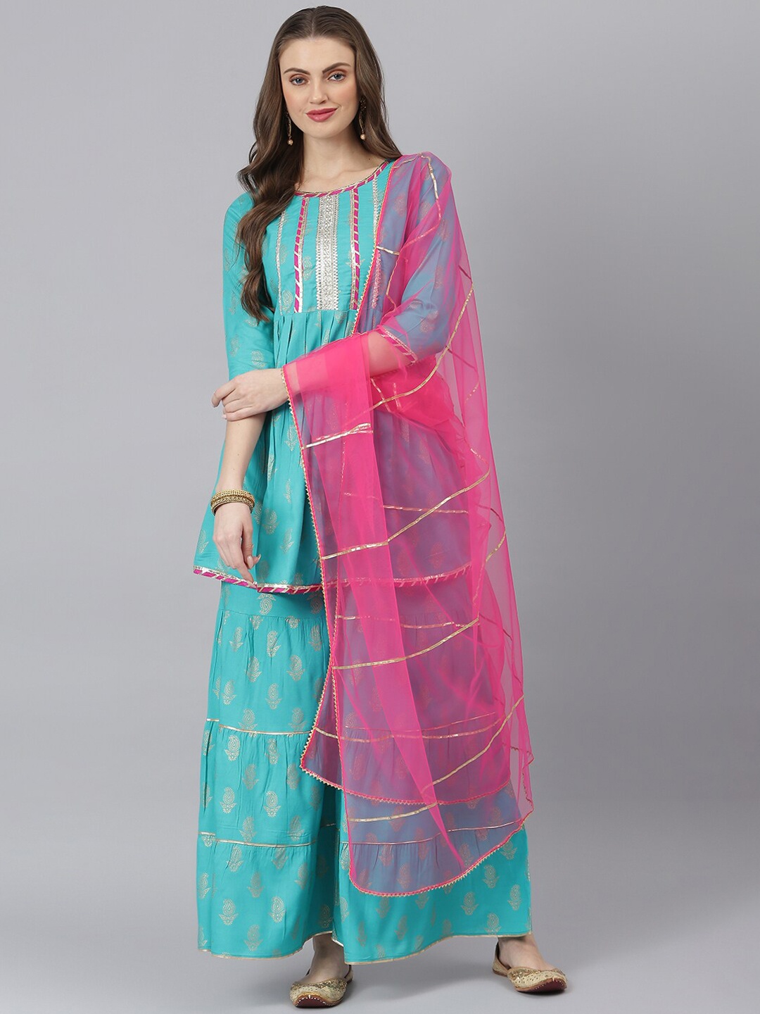 

Stylum Women Turquoise Blue & Pink Ethnic Motifs Printed Kurta with Sharara & Dupatta