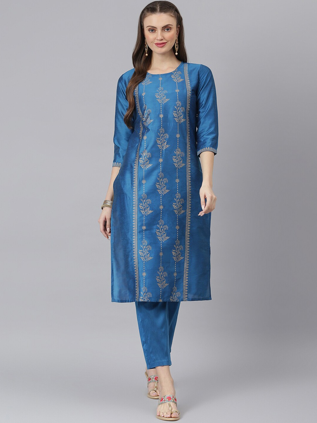 

Stylum Women Teal Ethnic Motifs Panelled Kurta with Trousers
