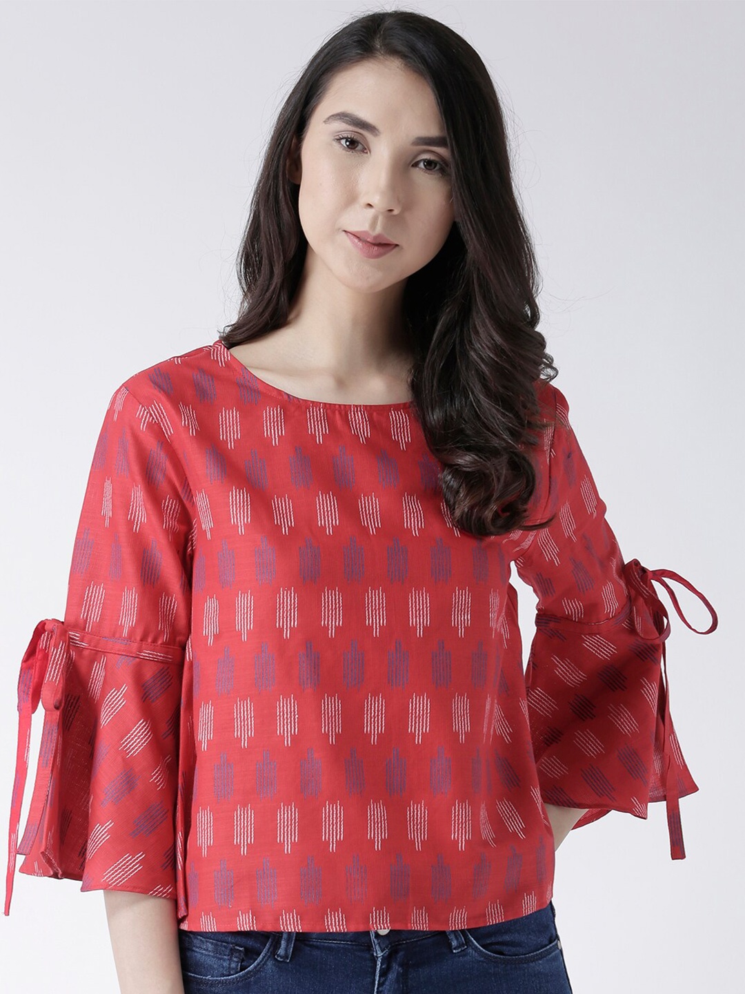 

Fusion Beats Red Ethnic Motifs Printed Bell Sleeves Top