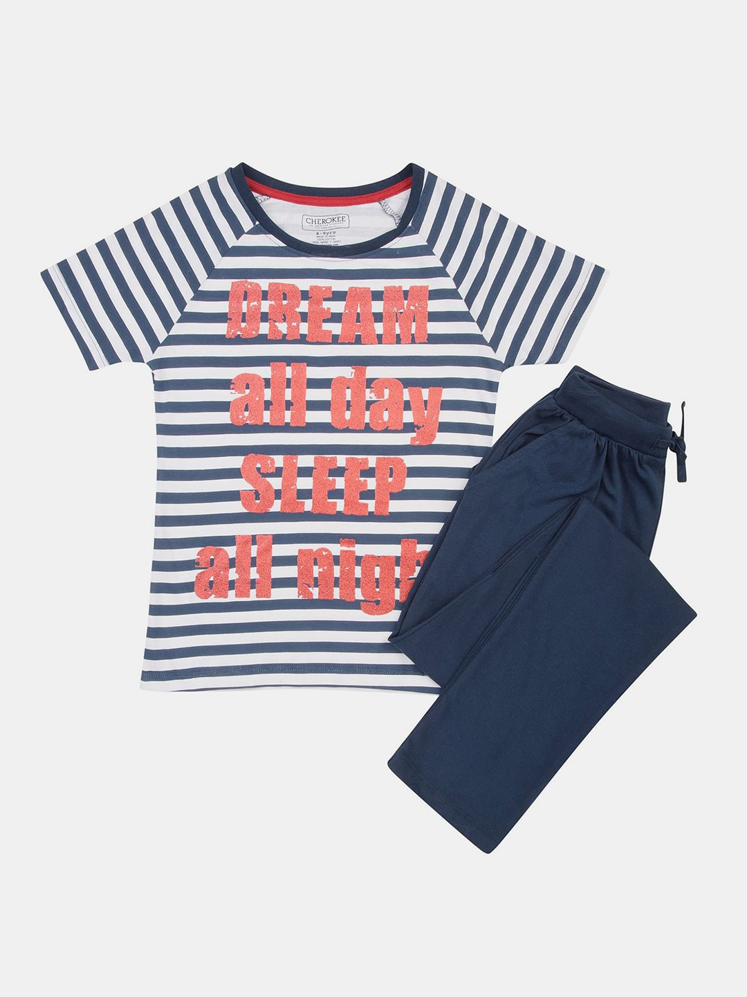 

Cherokee Girls Navy Blue & Off-White Striped T-shirt with Pyjamas