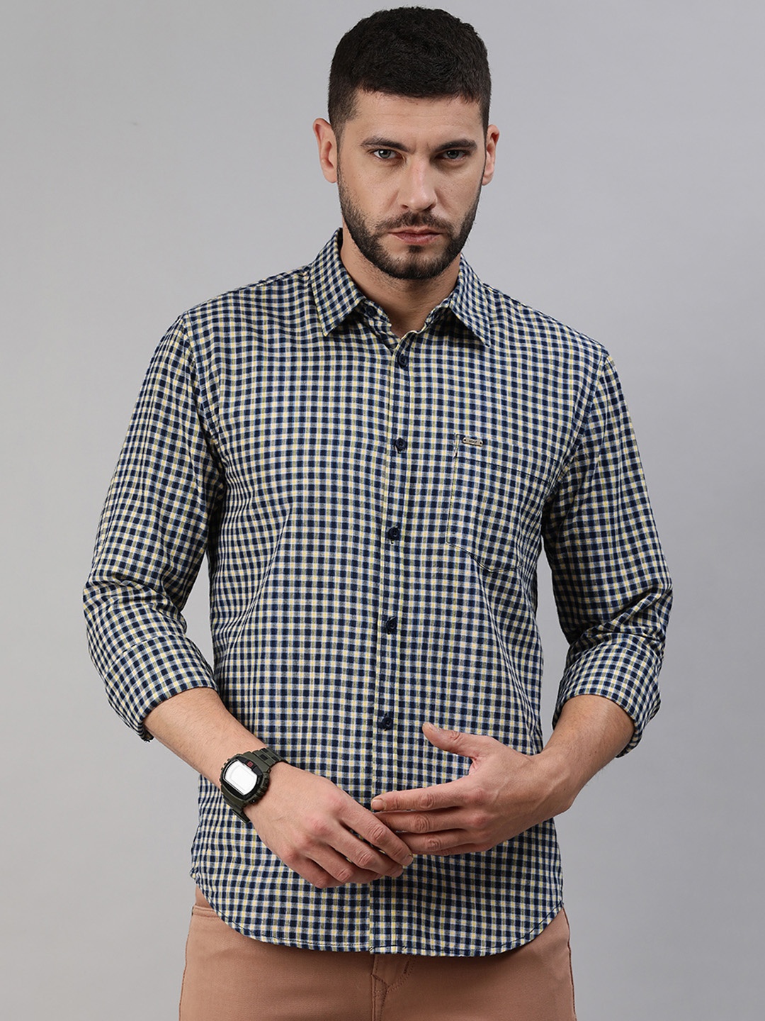 

abof Men Navy Blue Slim Fit Micro Checked Pure Cotton Casual Shirt