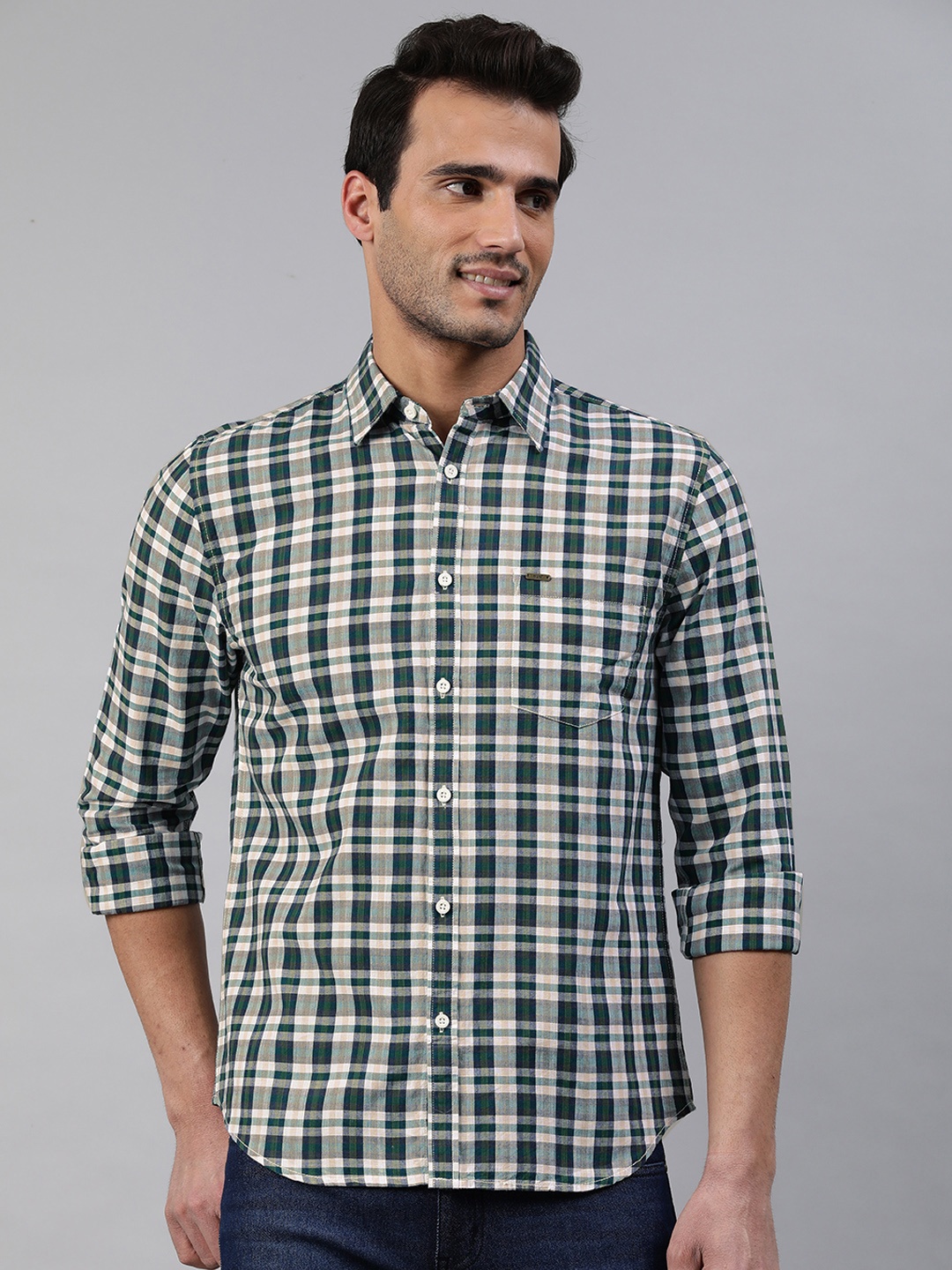 

abof Men White & Green Slim Fit Checked Casual Shirt