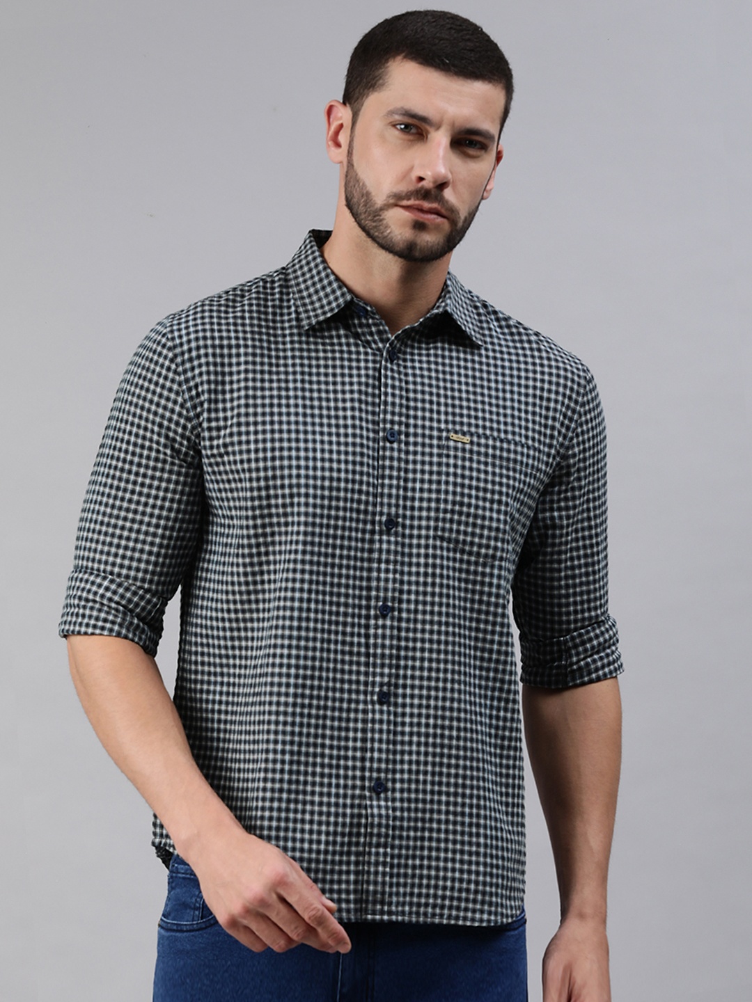 

abof Men Navy Blue Slim Fit Micro Checked Pure Cotton Casual Shirt