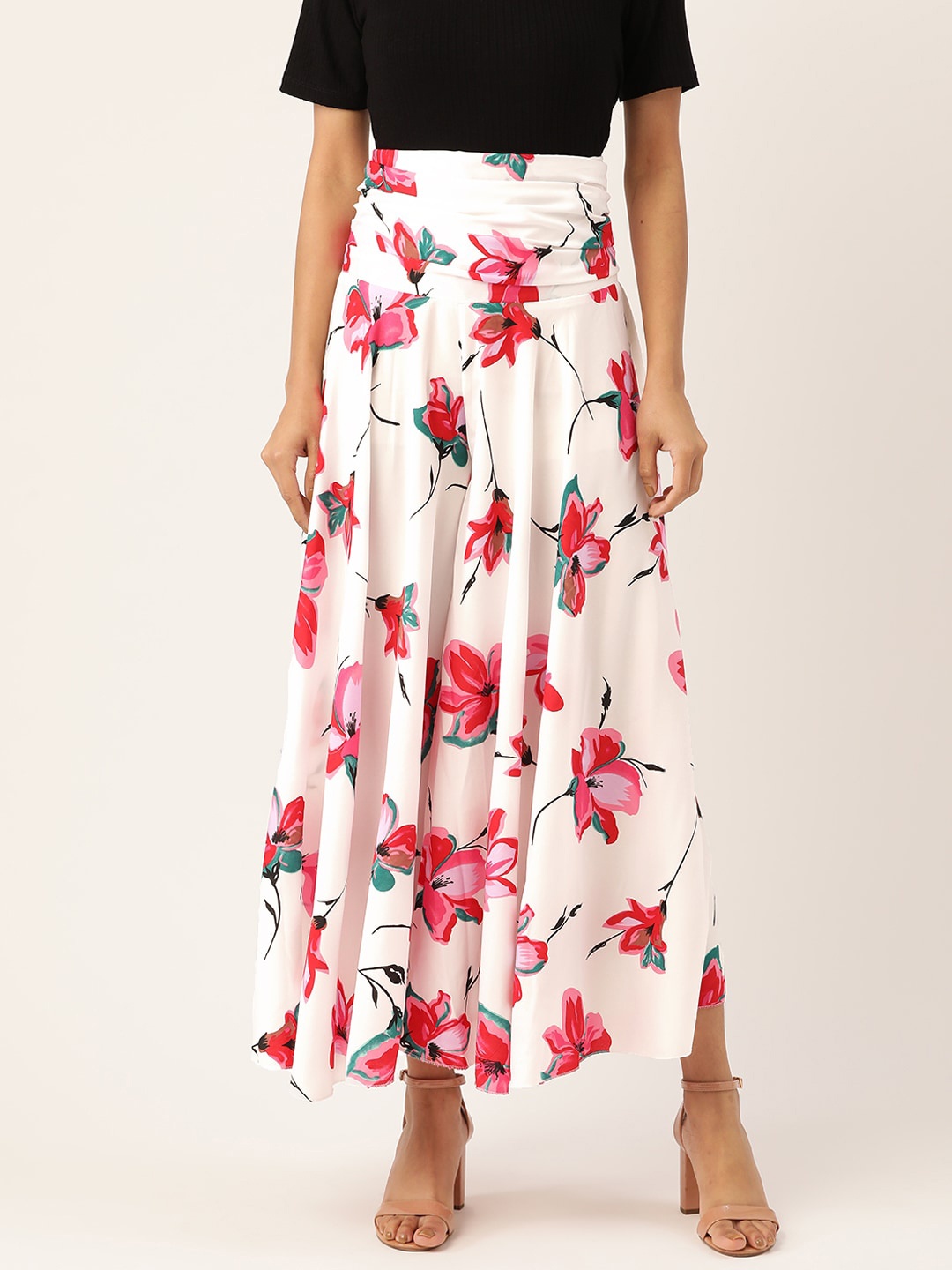 

Trend Arrest Women White & Red Floral Printed Flared Palazzos